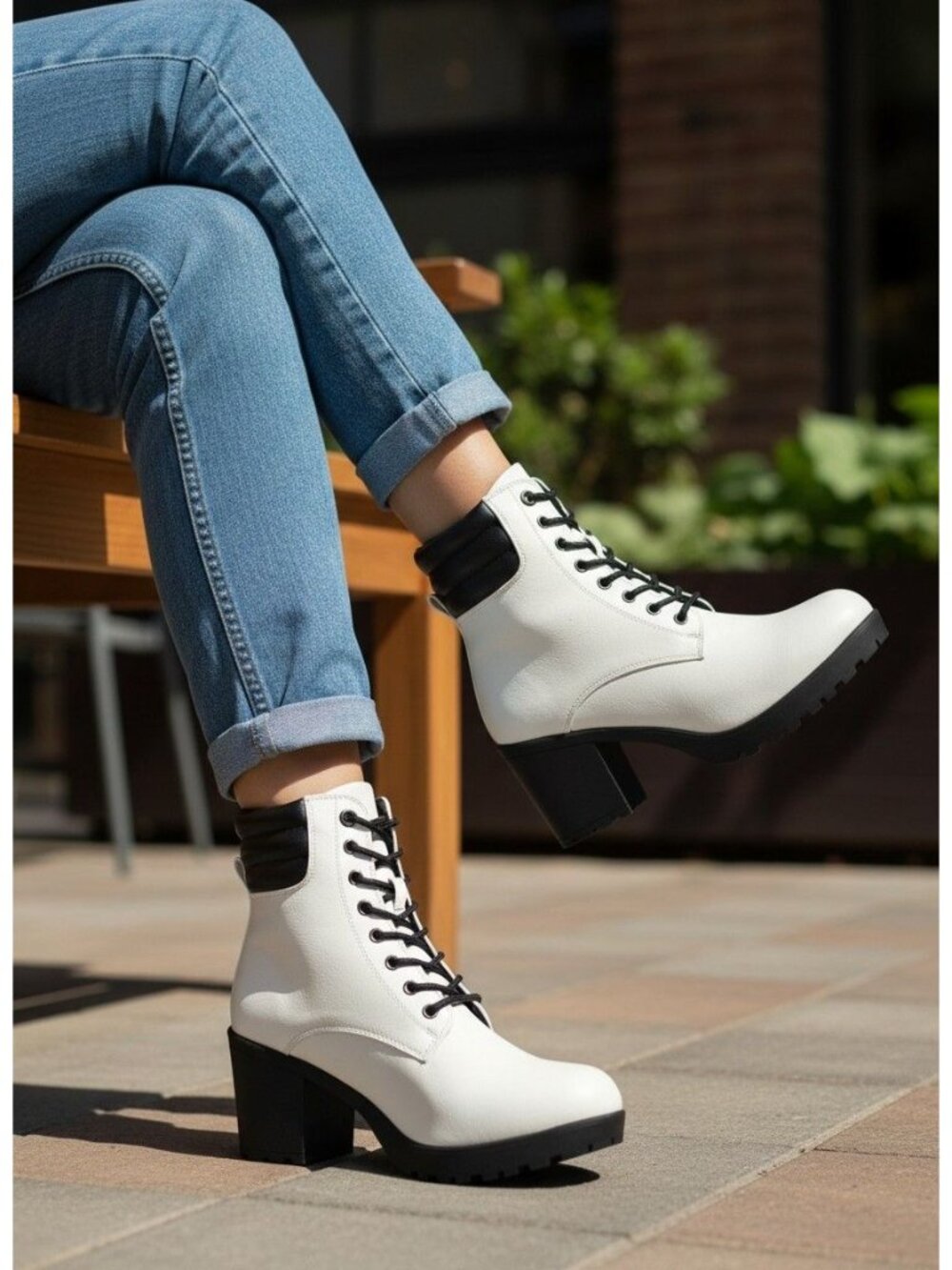 White Chunky Heel Lace-Up Ankle Boots With Black Accents Womens Stylish Faux Lea